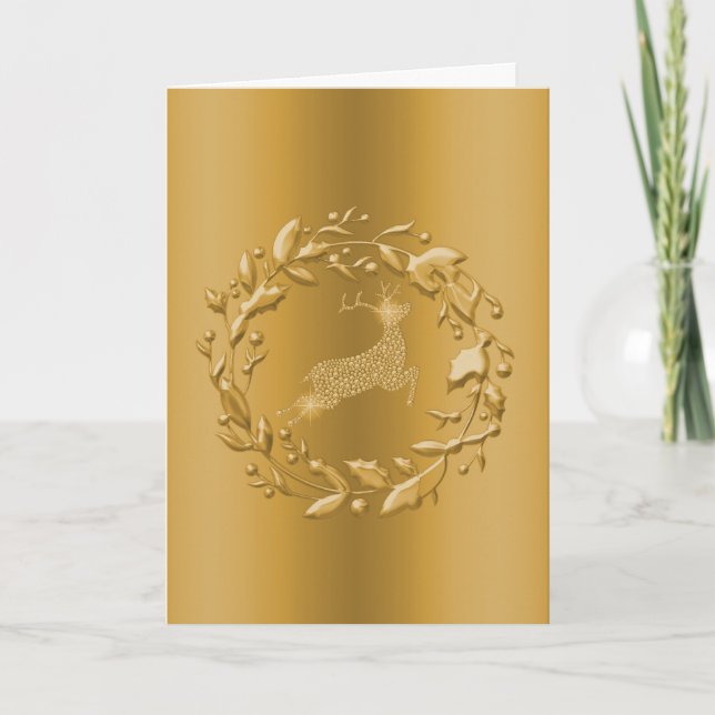 Golden Christmas Wreath and Reindeer Holiday Card (Front)