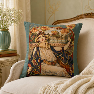 Golden Chrysanthemum Muse – Art Nouveau Floral Cushion
