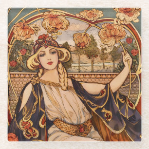 Golden Chrysanthemum Muse – Art Nouveau Floral  Glass Coaster