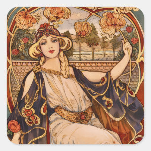 Golden Chrysanthemum Muse – Art Nouveau Floral  Square Sticker