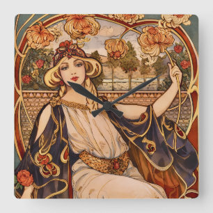 Golden Chrysanthemum Muse – Art Nouveau Floral  Square Wall Clock