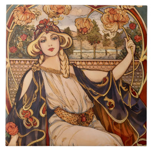 Golden Chrysanthemum Muse – Art Nouveau Floral  Tile