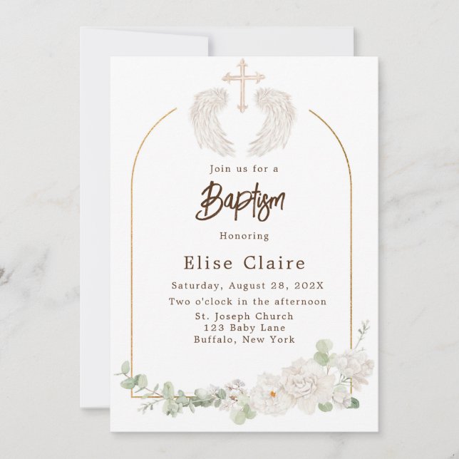 Golden Church Cross Wings Floral Baptism Invitation (Front)