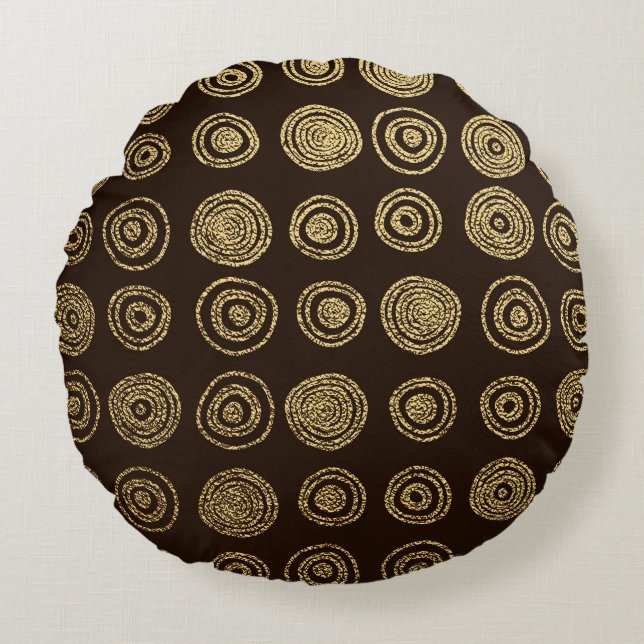 Golden Circles: Hand Drawn Pattern Round Cushion (Front)
