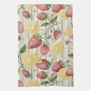 Golden Citrus and Red Strawberries Botanical Tea Towel