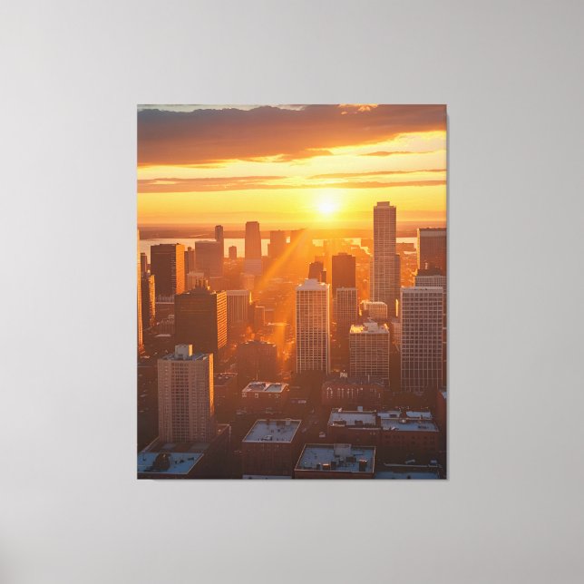 Golden City Sunset – Urban Skyline Silhouette Art Canvas Print (Front)