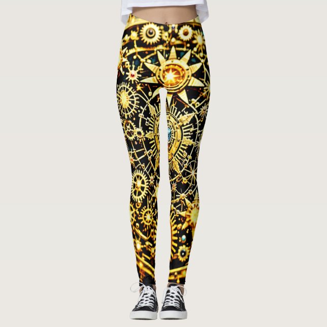 Golden Clockwork Celestial Art Leggings (Front)