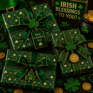 Golden Clovers Emerald Sky Wrapping Paper Sheet