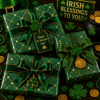 Golden Clovers Emerald Sky Wrapping Paper Sheet