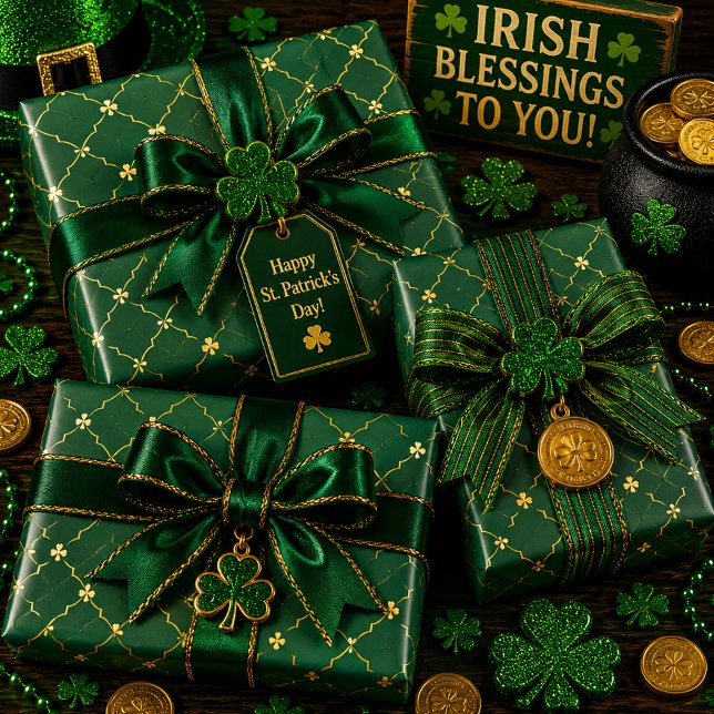 Golden Clovers Emerald Sky Wrapping Paper Sheet (Creator Uploaded)