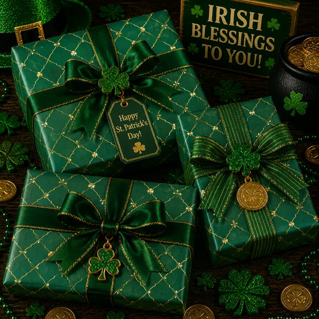 Golden Clovers Emerald Sky Wrapping Paper Sheet (Creator Uploaded)