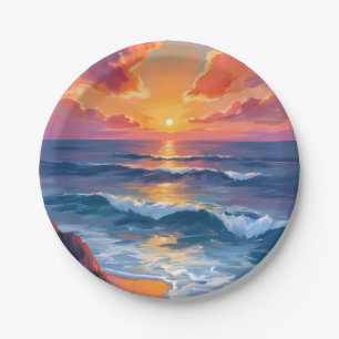 Golden Coast   Ocean Sunset Watercolor Painting Paper Plate