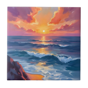 Golden Coast Ocean Sunset Watercolor Painting Tile