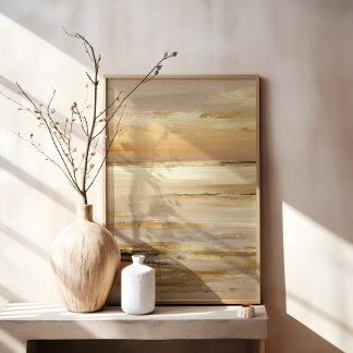 Golden Coastal Sunset Warm Ocean Horizon Neutral Canvas Print