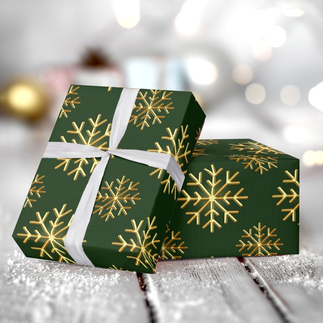 Golden Color 3D Snowflake DarkGreen Christmas Gift Wrapping Paper (Golden Color 3D Snowflake DarkGreen Christmas Gift Wrapping Paper)