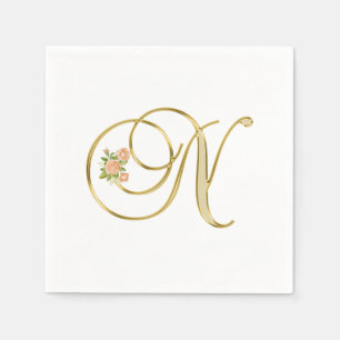 Golden Colour Floral Monogram Letter N Napkin