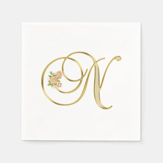 Golden Colour Floral Monogram Letter N Napkin