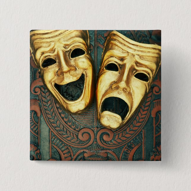 Golden comedy and tragedy masks on patterned 15 cm square badge (Front)