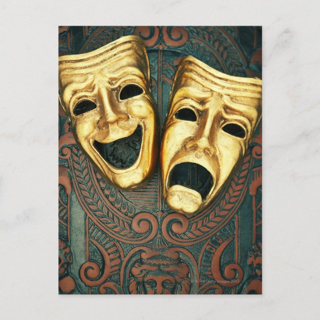 Golden comedy and tragedy masks on patterned postcard (Front)
