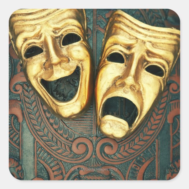 Golden comedy and tragedy masks on patterned square sticker (Front)