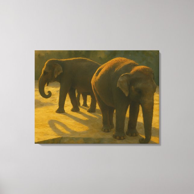 Golden Companions – Elephant Trio in Warm Light Canvas Print (Front)