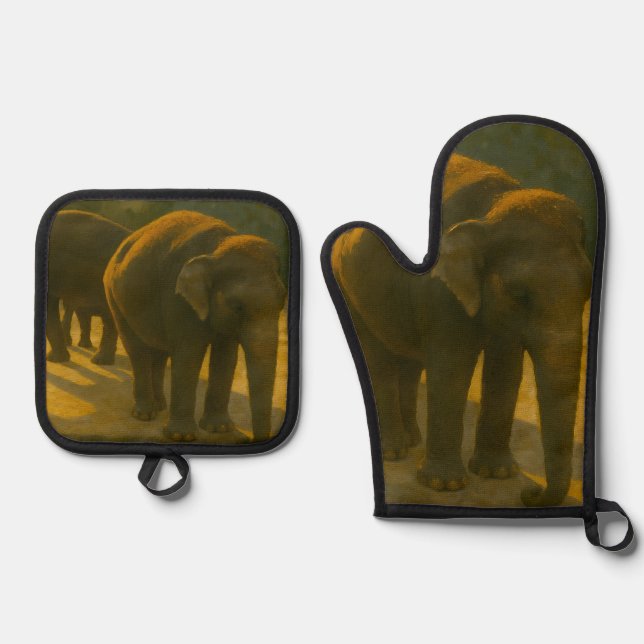 Golden Companions – Elephant Trio in Warm Light Oven Mitt & Pot Holder Set (Front)