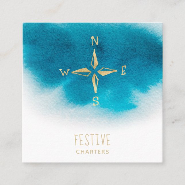 *~* Golden Compass Beach Ocean Sea AP 13 Teal Blue Square Business Card (Front)