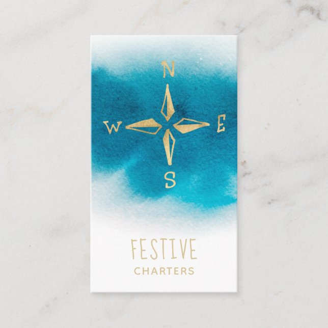 *~* Golden Compass Beach Ocean Sea White Teal Blue Business Card (Front)