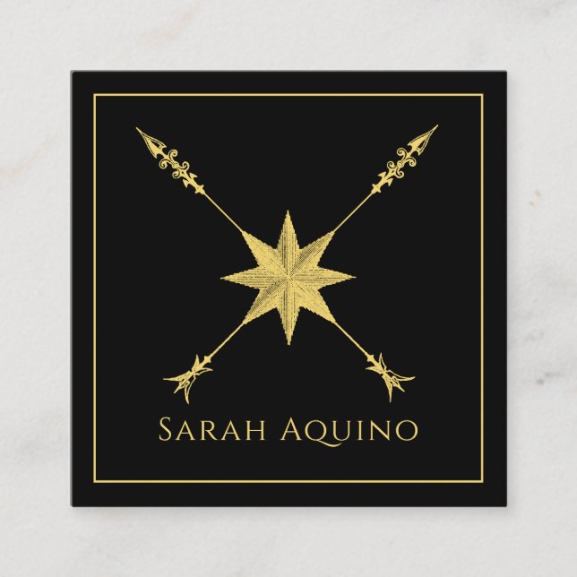 Golden Compass Rose And Arrow On Black Square Business Card (Front)