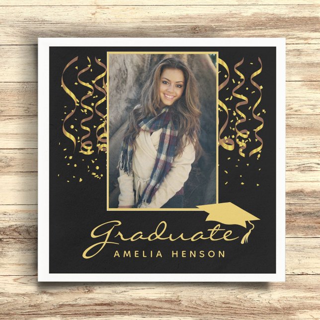 Golden Confetti Black Graduation Graduate Photo Napkin (Creator Uploaded)