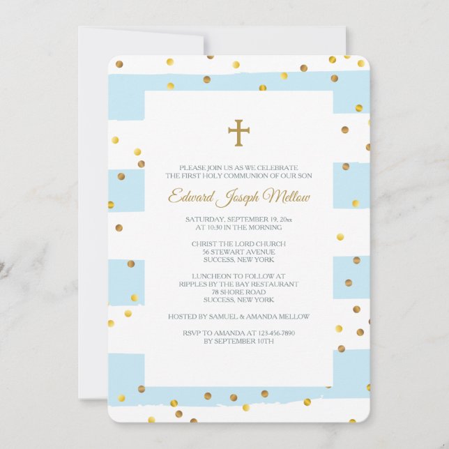 Golden Confetti Blue Religious Invitation (Front)