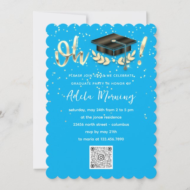 Golden Confetti Graduate Party QR Code Blue  Invitation (Front)