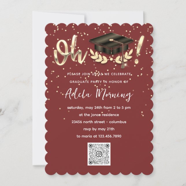 Golden Confetti Graduate Party QR Code Burgundy Invitation (Front)