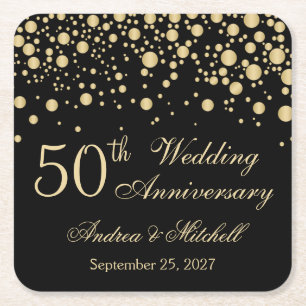 Golden confetti on black 50th Wedding Anniversary Square Paper Coaster