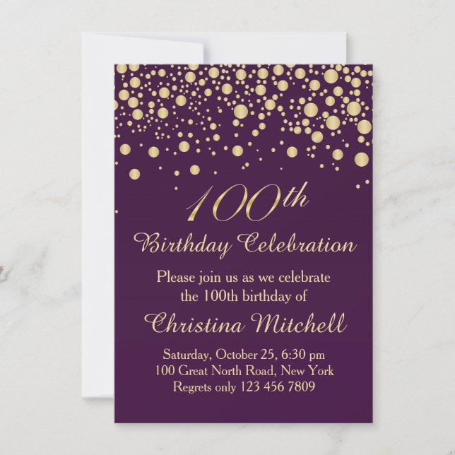 Golden confetti on purple 100th Birthday Party Invitation (Front)