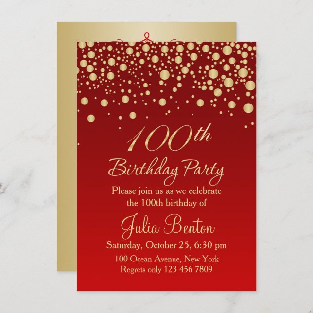 Golden confetti on red 100th Birthday Invitation (Front/Back)