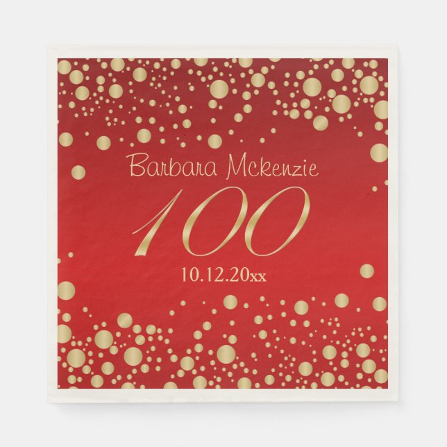 Golden confetti on red 100th Birthday Party Napkin (Front)