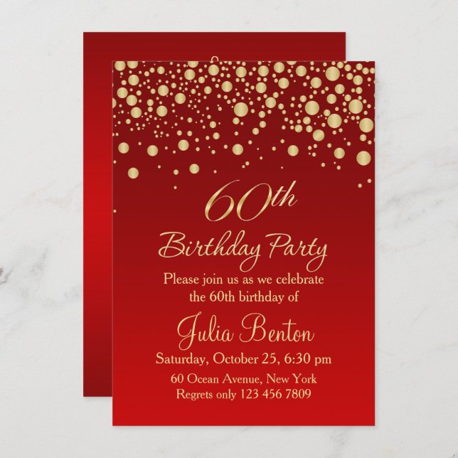 Golden confetti on red 60th Birthday Invitation (Front/Back)