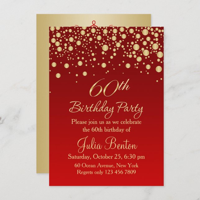 Golden confetti on red 60th Birthday Invitation (Front/Back)