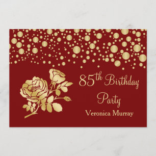 Golden confetti, rose on red 85th Birthday Invitation