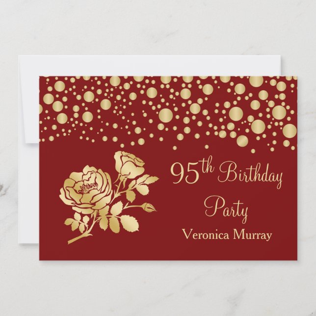 Golden confetti, rose on red 95th Birthday Invitation (Front)