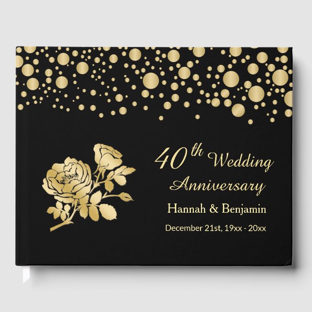 Golden Confetti Roses 40th Wedding Anniversary Guest Book (Front)