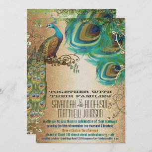Golden Copper Champagne Gold Peacock Feathers Invitation