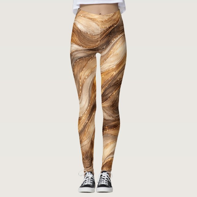 Golden Copper Waves Abstract Pattern Leggings (Front)