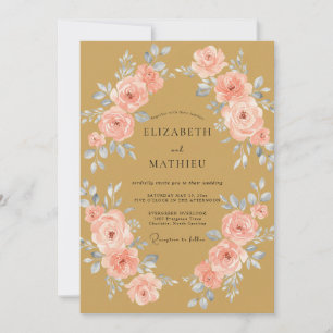 Golden Coral Ranunculus Eucalyptus Wedding Invitation