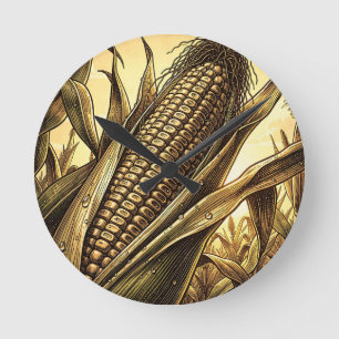 Golden Corn Cob Harvest Round Clock