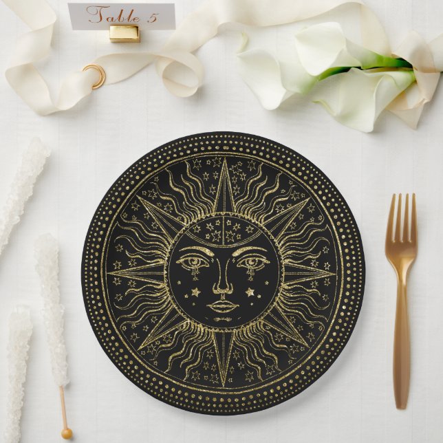 Golden Cosmos | Elegant Gold Sun Face on Black Paper Plate (Wedding)