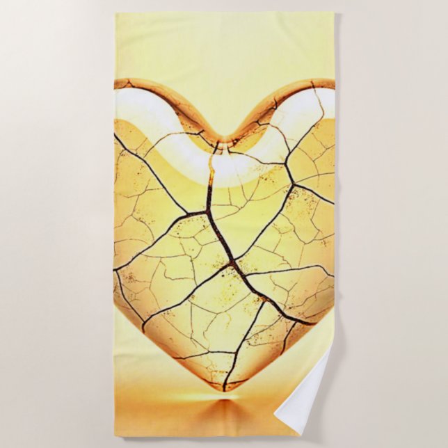 Golden Cracked Heart Art Beach Towel (Front)