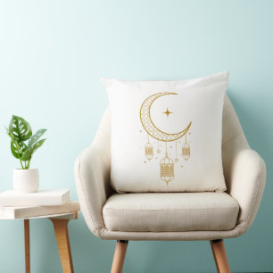Golden Crescent Lantern Ramadan Pillow