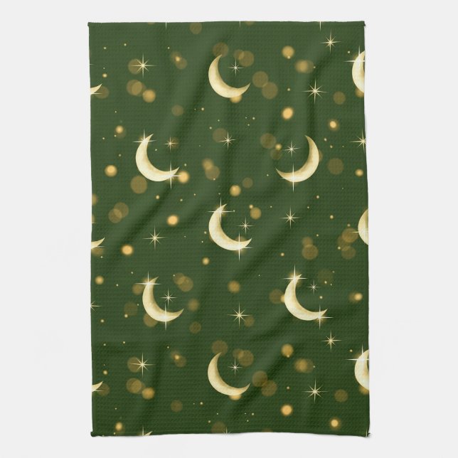 Golden Crescent Moon Bokeh - Celestial Starry Tea Towel (Vertical)